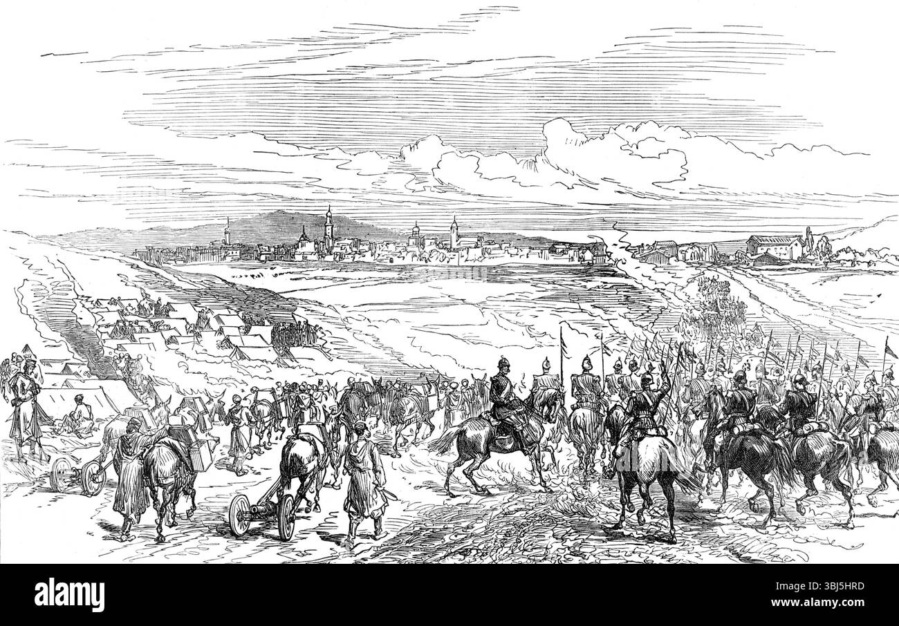La guerra civile in Spagna: Arrivo della Divisione Catalana a Vittoria, 1874. "La guerra nelle province settentrionali della Spagna tra gli eserciti opposti di Don Carlos e il governo provvisorio repubblicano di Madrid non sembra affatto conclusa... uno degli schizzi che abbiamo ricevuto da un corrispondente a seguito della campagna mostra l'arrivo della divisione catalana nella città di Vittoria, che è un luogo noto, per fama, a tutti i connazionali del Duca di Wellington. È una città piacevole e prospera, capoluogo della provincia di Alava, con 20.000 abitanti in epoca ordinaria, e con i suoi Foto Stock