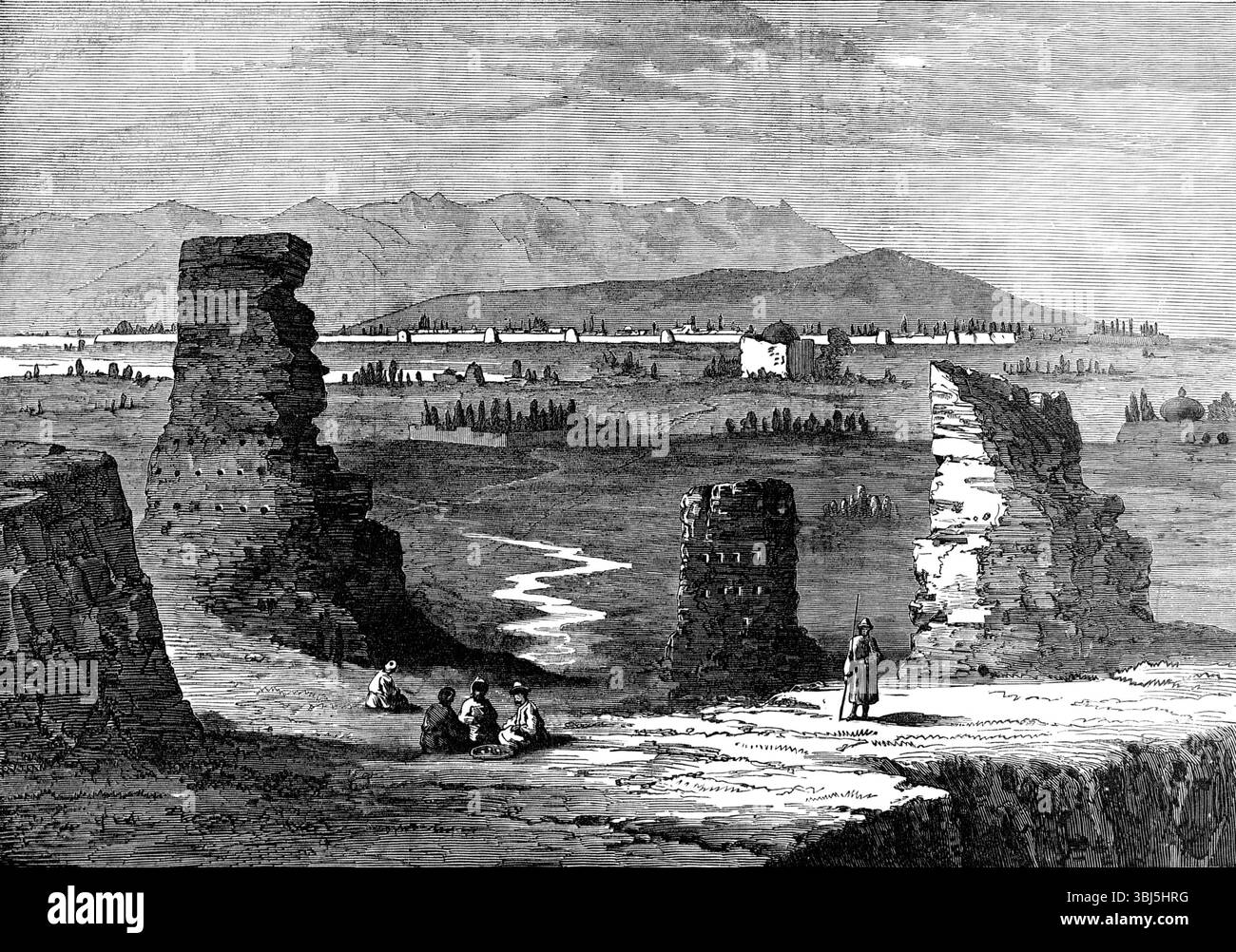La missione Yarkund: La città di Kashgar, 1874. Incisione da uno schizzo del capitano E. F. Chapman, realizzato durante '...la spedizione diplomatica del signor T. Douglas Forsyth...nel paese sequestrato della Turchia orientale... oltre le catene montuose del Karakorum o del Tsung-Ling... il capitano Chapman [scrive:] "il tempo in cui l'attuale città fu costruita non è facilmente determinato dai registri. Variano nel fissare la distruzione dell'antica città in date che vanno da cinque secoli a duemila anni fa. Questo evento, tuttavia, è associato all'invasione Mogul sotto Timour. Dalla condizione o. Foto Stock