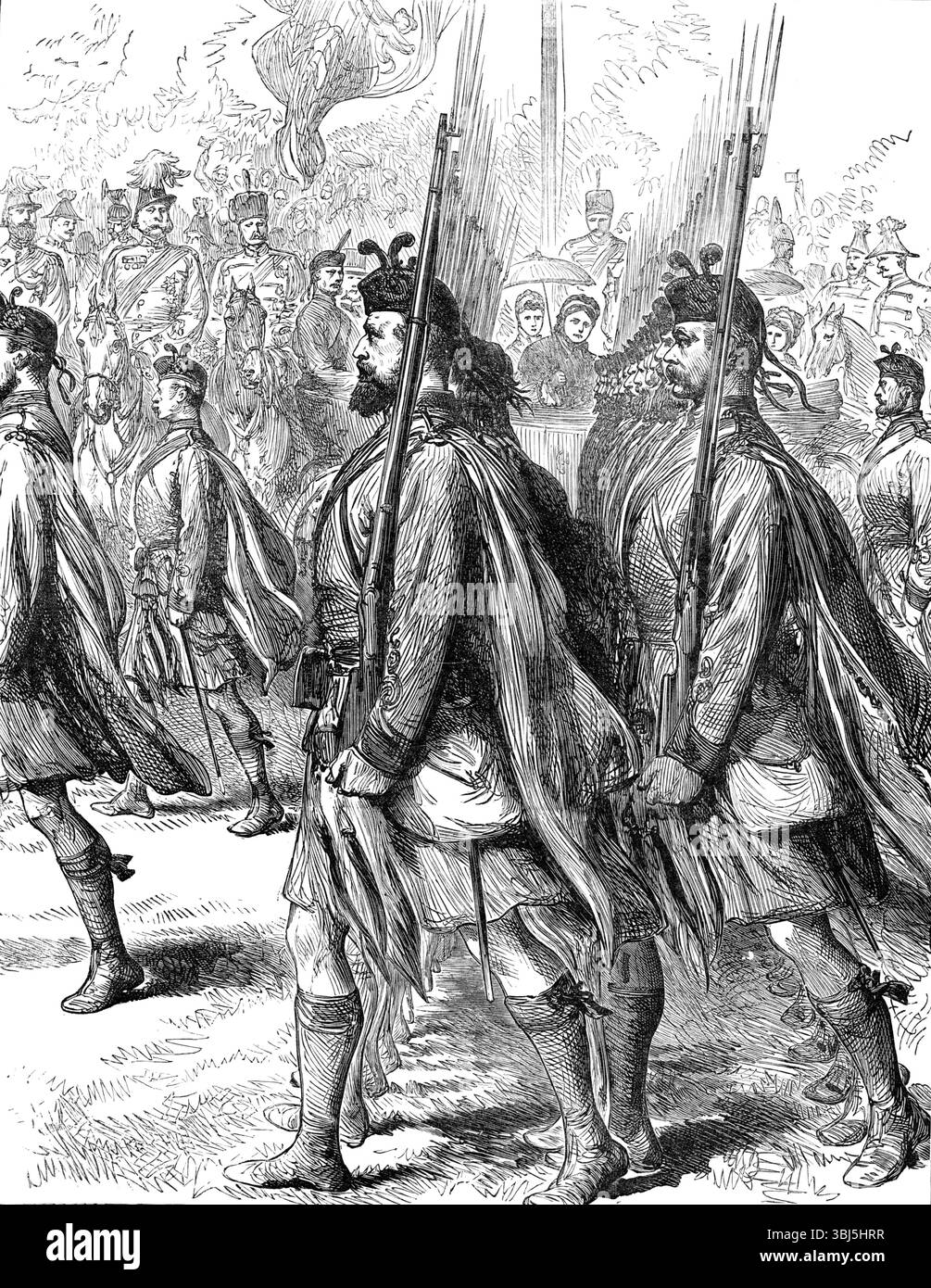 The Royal Review in Windsor Park - London Scottish Volunteers, 1881. [La nostra incisione] mostra un ufficiale generale e il suo aiutante di campo, a cavallo, con parte del rango e file di un battaglione volontario, e diversi pionieri o Sapper, "aspettando la Regina". Da "Illustrated London News", 1881. Foto Stock
