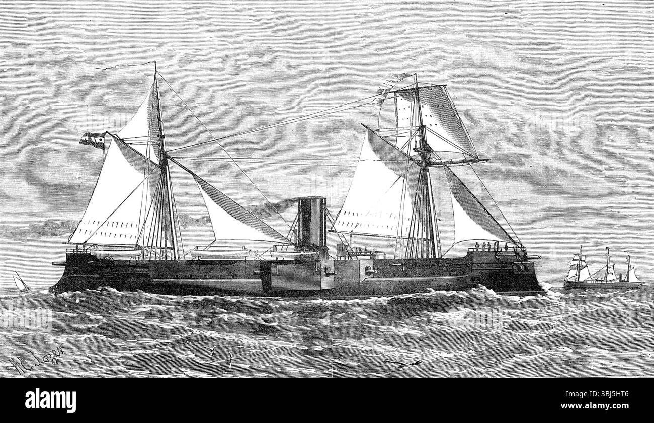 L'Almirante Brown, cilindro a doppia vite, per il governo argentino, 1881. "...corvetta corazzata a due viti, costruita dai fratelli Samuda per la Repubblica Argentina... lo scafo è costruito interamente in acciaio Siemens. La corazza è "composta" o rivestita in acciaio, costituita da una cintura corazzata, 9" spessa in corrispondenza della linea dell'acqua e di 6 poll. spesso sott'acqua, che si estende per 120 piedi in lunghezza e protezione dei motori, delle caldaie e dei caricatori; con paratie trasversali, blindate alle estremità del nastro e che raggiungono da 4 ft. sotto la linea d'acqua fino al ponte principale. Sopra il ponte principale tra le navi c'è un armou Foto Stock