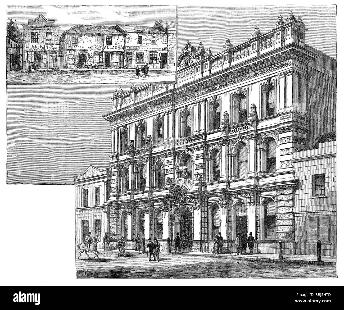 Miglioramenti stradali a Port Elizabeth, Sud Africa: Il vecchio e il nuovo, 1881. Port Elizabeth, Algoa Bay, è il principale sbocco marittimo del commercio per i distretti orientali della Colonia del Capo, e dello Stato libero del fiume Orange, che è una Repubblica olandese indipendente... la quantità del suo commercio e delle sue spedizioni lo colloca molto al di sopra di qualsiasi altro porto della Colonia del Capo per il valore delle sue importazioni ed esportazioni. La popolazione della città è di quasi 000 abitanti, e le nostre due viste contrastanti sulle strade mostrano i progressi dei lavori di ristrutturazione. L'illustrazione superiore dà un'idea del vecchio stile di case, che Foto Stock