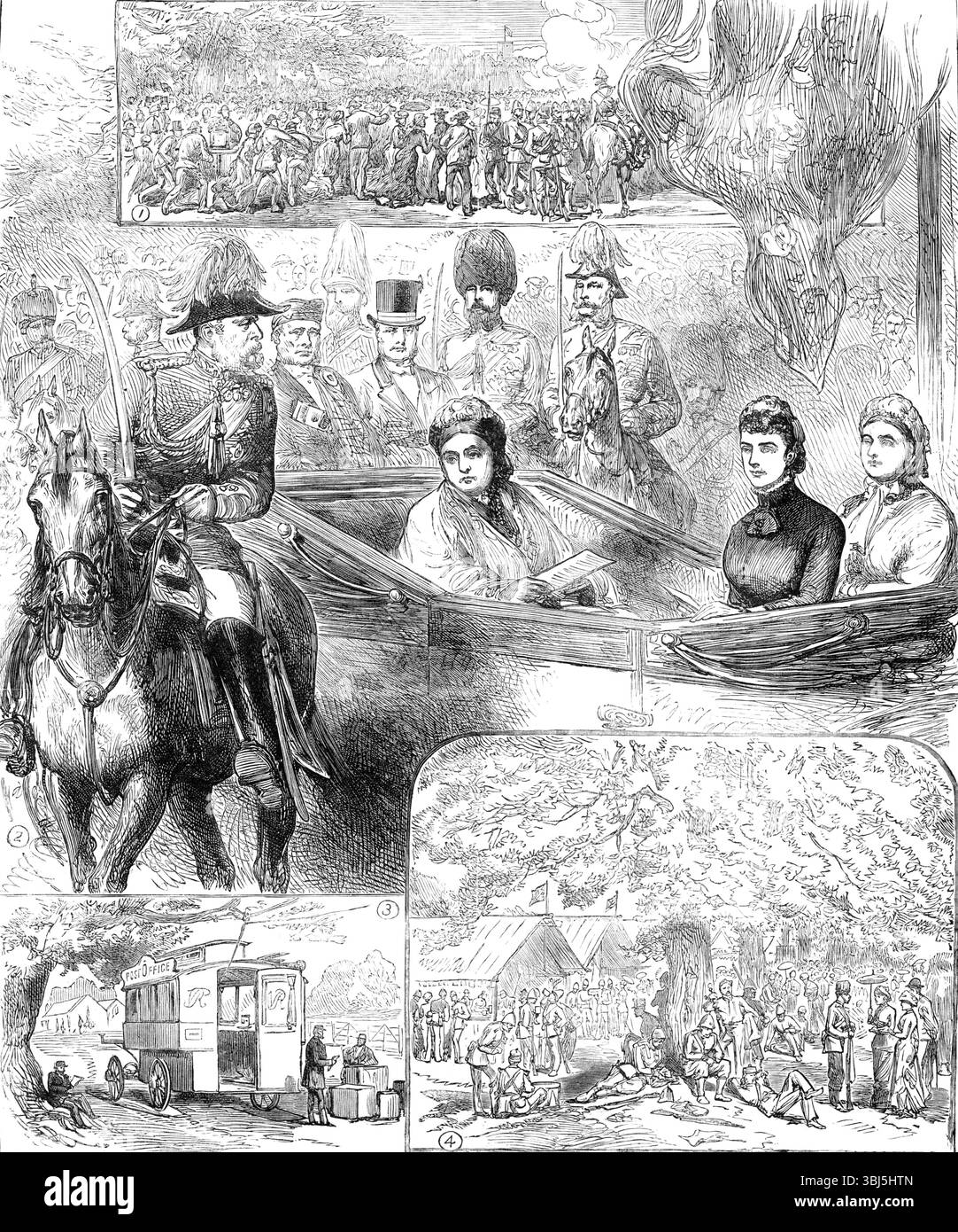 Regina Vittoria al Great Volunteer Review a Windsor Park, 1881. Recensione di oltre cinquanta mila fucilieri volontari. « 1. "La Regina sta arrivando!"; 2. Il Partito reale; 3. Field Post Office and Telegraph; 4. Cabine di ristoro...le truppe arrivavano continuamente, con frequenti treni ferroviari, e marciavano nel Windsor Park, dalle sei del mattino alle tre del pomeriggio...la regina era in una carrozza aperta trainata da quattro grigi con fuori-cavalieri, ed era accompagnata dalla principessa di Galles e dalla principessa della Corona di Prussia...il passato di marzo, che durava un'ora e quaranta minuti Foto Stock