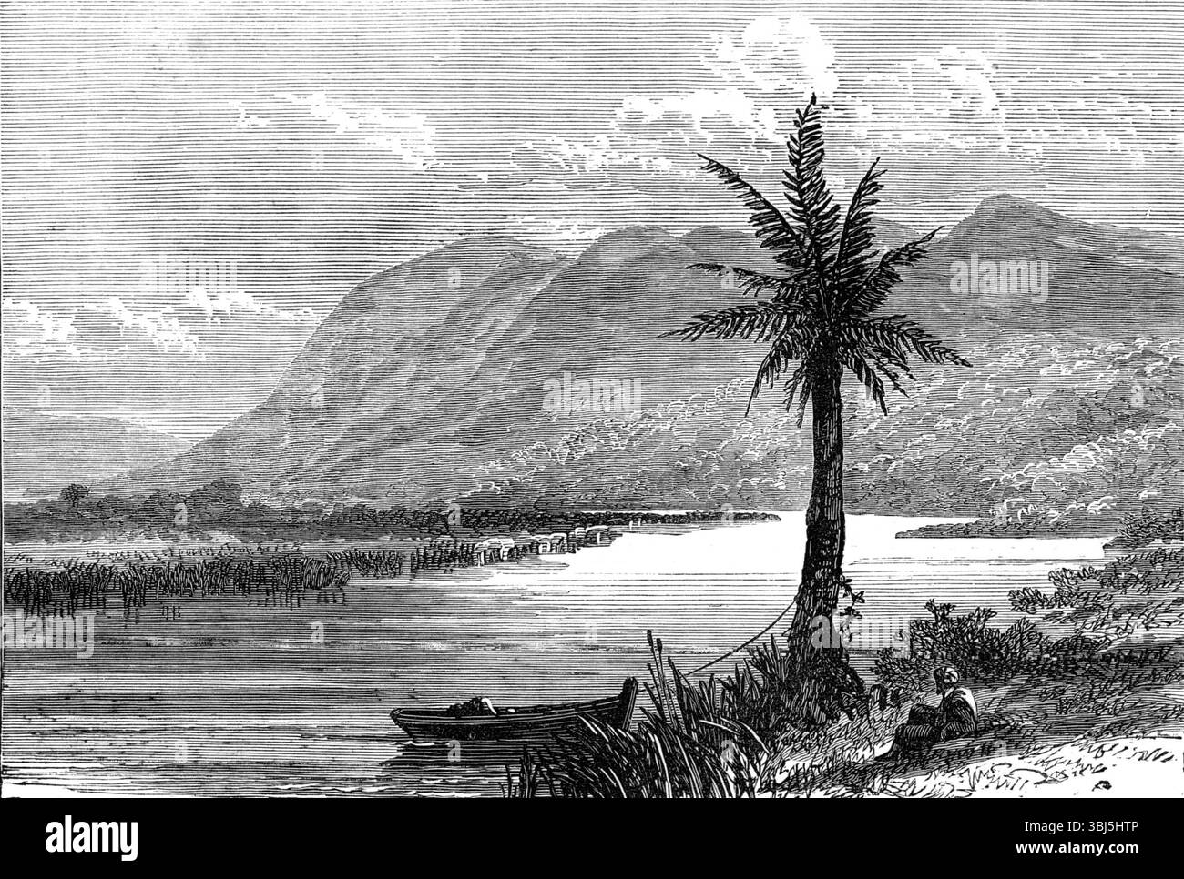 Schizzi dalla Palestina: Monte Carmelo e Kishon, 1874. Incisione di uno schizzo di Lieut. Conder. "Questa è una vista dell'aspetto invernale di uno dei luoghi più pittoreschi della Palestina. Il tortuoso Kishon, dopo aver attraversato la stretta gola di Harosheth, esce nelle pianure pianeggianti, da cui si innalzano bruscamente i ripidi lati del Carmelo. Ha fatto scoppiare la barra di sabbia, che in estate chiude la bocca; e, nel periodo dell'anno rappresentato, sfocia nel mare, un torrente quasi imperdibile. Qui, sulle dune di sabbia vicino alla spiaggia, le palme, rare come sono generalmente in Palestina, crescono a clust Foto Stock