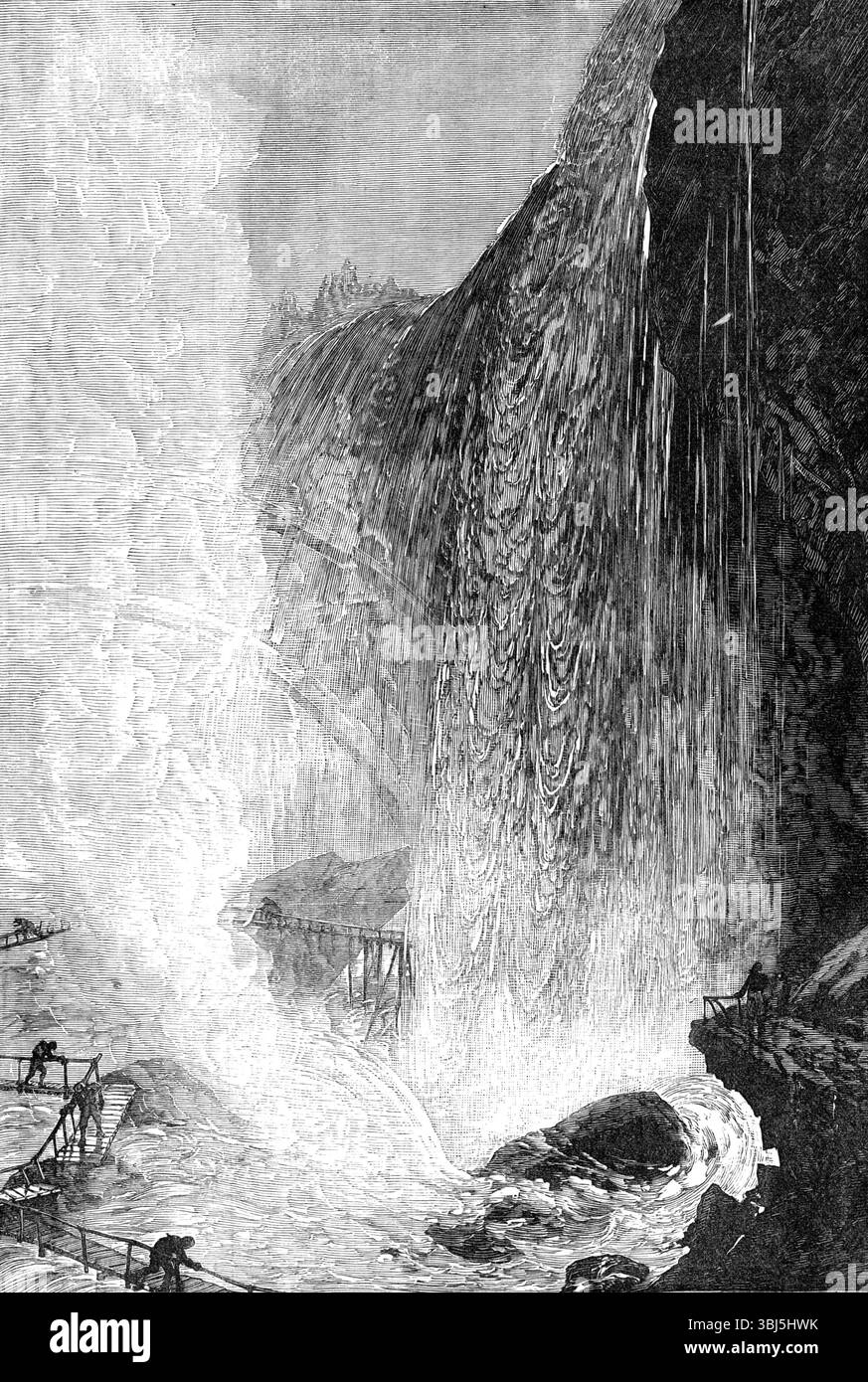 "Pittoresca America:" Cave of the Winds, Niagara Falls, 1881. "Una delle opere topografiche più attraenti pubblicate in una serie di parti mensili dai signori Cassell, Petter, Galpin, and Co., è dedicata al grande scenario naturale del continente occidentale. Le prime quattro parti... contengono lastre di acciaio molto fini e incisioni in legno, da disegni di Mr. H. Fenn, Mr. R. Swain Gifford e Mr. Granville Perkins... abbiamo selezionato... [una vista di] la famosa "Grotta dei venti", sul lato americano o americano delle Cascate del Niagara, dove potete camminare Foto Stock