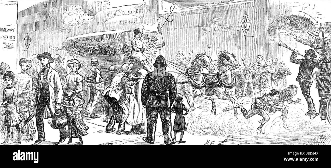 Festa dei bambini nel Paese: The Start, 1881. Escursioni estive 'per i bambini delle scuole annesse alle chiese parrocchiali ... [che] inviano diversi furgoni carichi di ragazzi e ragazze felici lungo la strada della turnpike, oppure, potrebbe essere, poche centinaia di piccoli passeggeri in ferrovia, in carrozze appositamente conservate per il loro trasporto, in qualche campo o parco nelle contee domestiche, o anche al mare, dove possono passare cinque o sei ore in pieno godimento di scene fresche e sport di tipo innocente. L'aria fresca pura, la libertà di spaccare sull'erba, la gioia di entrare nel presen Foto Stock