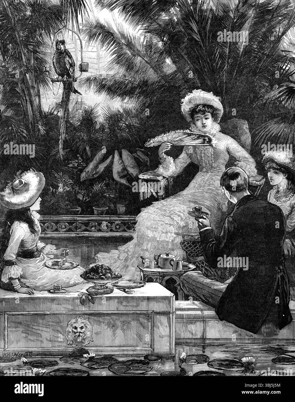Tè pomeridiano, 1881. 'Presso l'elegante e lussuosa residenza di una ricca piantatrice del Sud America, sul bordo di marmo di una terrazza giardino ombreggiata da vegetazione tropicale, che si affaccia su un bacino d'acqua in cui la Victoria Regia mostrava le sue ampie foglie e grandi fiori bianchi, sedevano le signore della famiglia, accompagnate da un gentiluomo visitatore, rinfrescandosi con l'intrattenimento più mite dopo un'afosa marea - due ore di mezza essendo state già passate nella siesta inutile. Donna Mariquita, piacevolmente per il desiderio delle sue sorelle, aveva comandato l'apparato da tè, con un di Foto Stock