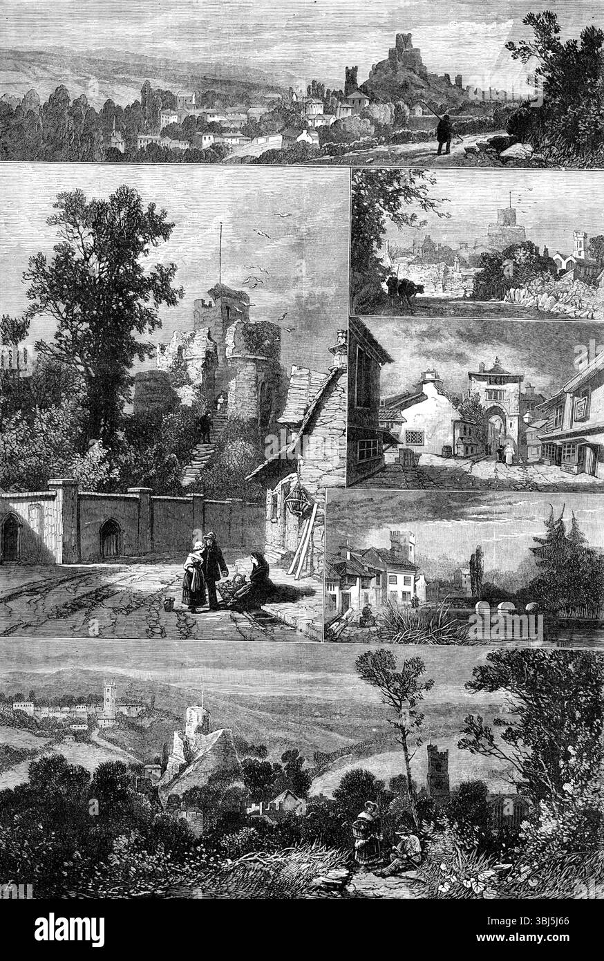 Vedute di Launceston, Cornovaglia, 1881. « 1. Launceston, da St Catherine's Hill. 2. Il Castello. 3. Il Castello. 4) porta della città. 5. Il fiume. 6. St. Stephen's Church, con Werrington Park e Launceston in lontananza... la nostra pagina di vedute incise presenta due aspetti diversi della città, ma il più bello è quello che si trova dal sobborgo di St. Stephen's e Werrington Park, sulla Bude Road a nord di Launceston. Questo borgo di Santo Stefano, con la sua vecchia chiesa gotica, si dice sia di maggiore antichità rispetto alla città o al castello...il cortile del castello fu uno dei luoghi di esecuzione per i martiri protestanti Foto Stock