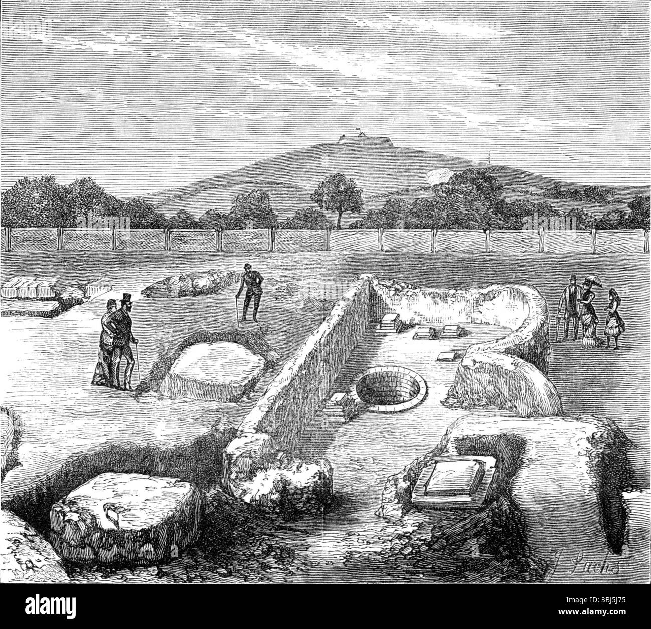 Recenti scavi nella Villa Romana, Brading, Isola di Wight: The Well-House, 1881. "A una distanza di 6 ft. 5 poll. dal lato ovest e a 4 metri circa 9 poll. da est c'è un pozzo, 4 piedi. 3 poll. di diametro. Questo pozzo, pozzo, o fossa, era completamente pieno di terra libera e detriti. Il "rubare", se CE n'era mai stata, aveva ceduto. Ma il pozzo era affondato attraverso la sabbia verde superiore, e i lati erano duri e duri. È stato necessario "stein" i cinque piedi superiori con mattoni, per evitare che il terreno superiore cada, mentre gli scavi stavano progredendo. Durante la cl Foto Stock
