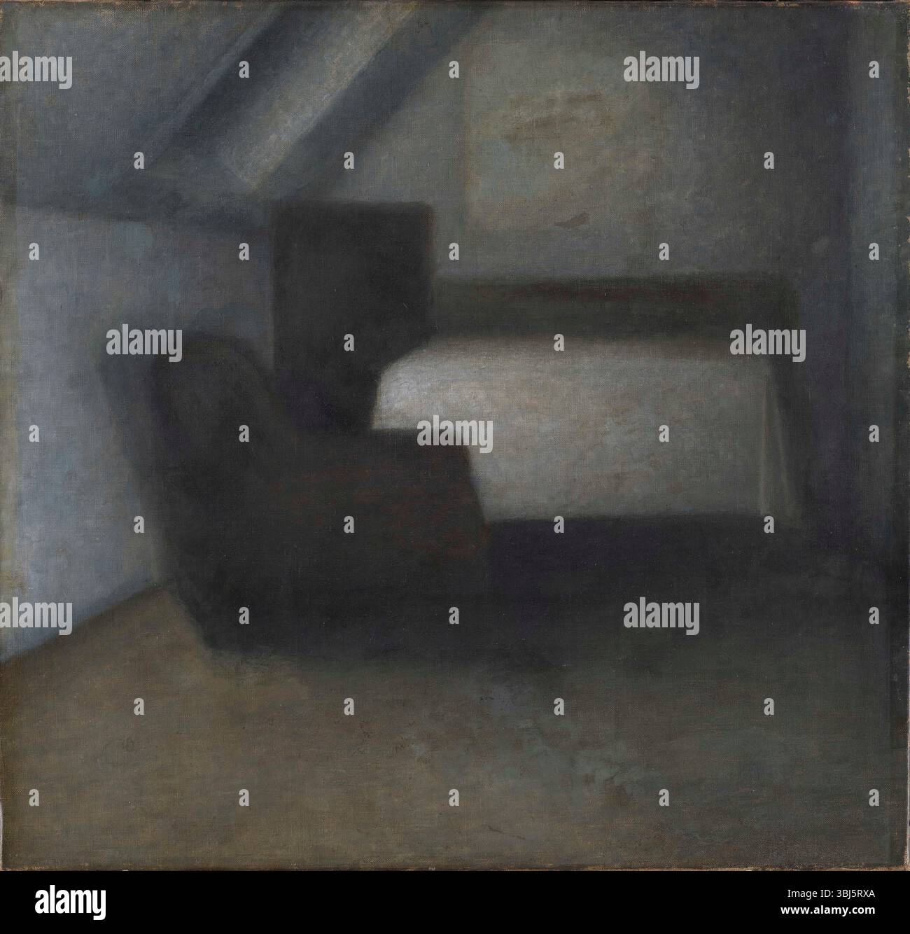 Camera mansardata con tavolo e sedia. Si trova nella Collezione di Statens Museum for Kunst, Copenhagen. Foto Stock