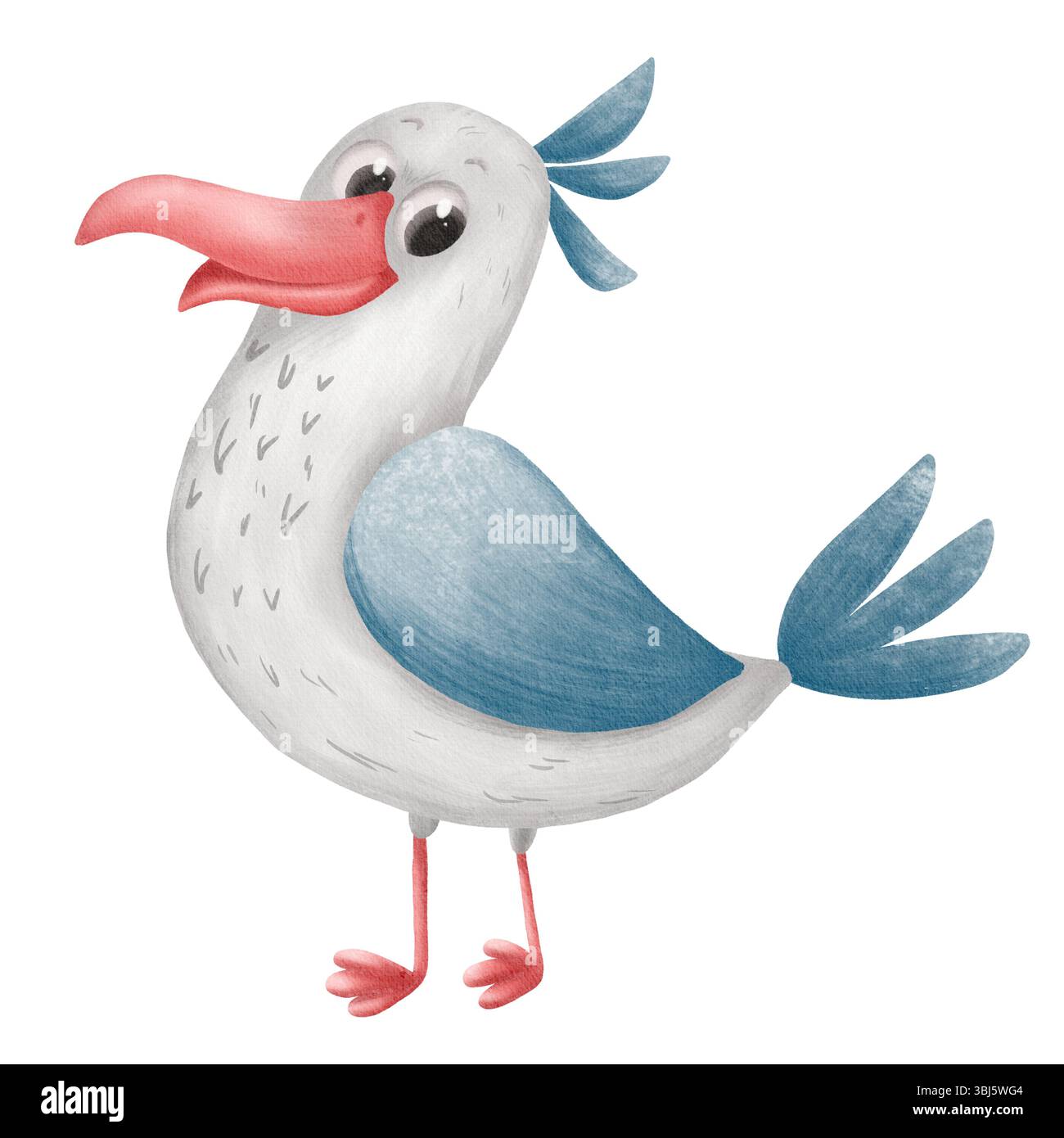 Illustrazione gabbiano. Acquerello. Stile cartoni animati. Personaggio divertente png Foto Stock
