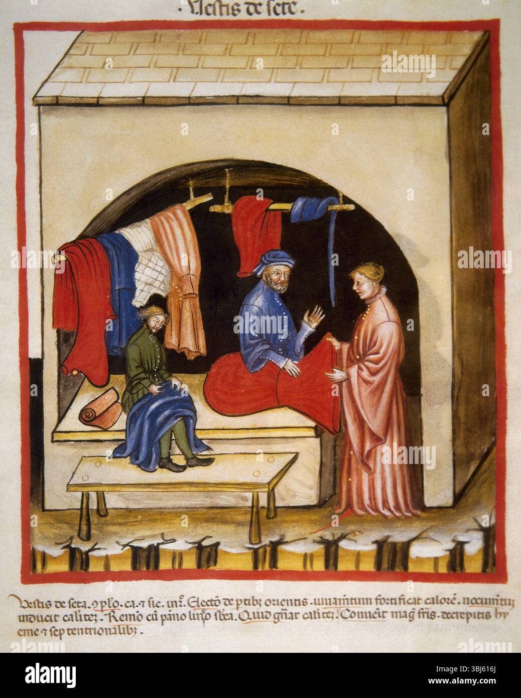 Abbigliamento in seta, XIV secolo. Da Tacuinum Sanitatis Folio 106r, un manuale medievale sulla salute. Foto Stock