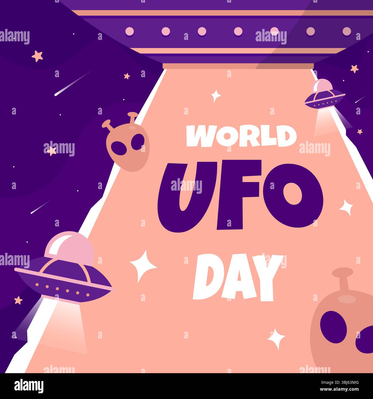 Saluti del World UFO Day nello spazio viola con piattini volanti e testa aliena adatti per il post-saluto sui social media. Illustrazione della giornata mondiale UFO Illustrazione Vettoriale