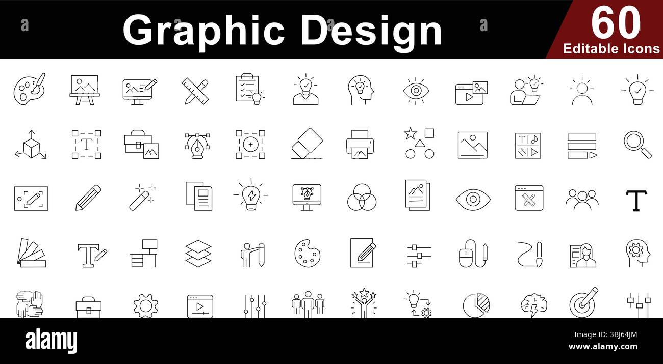 Set icone della linea di disegno grafico - strumenti creativi, simboli di disegno e modifica Illustrazione Vettoriale