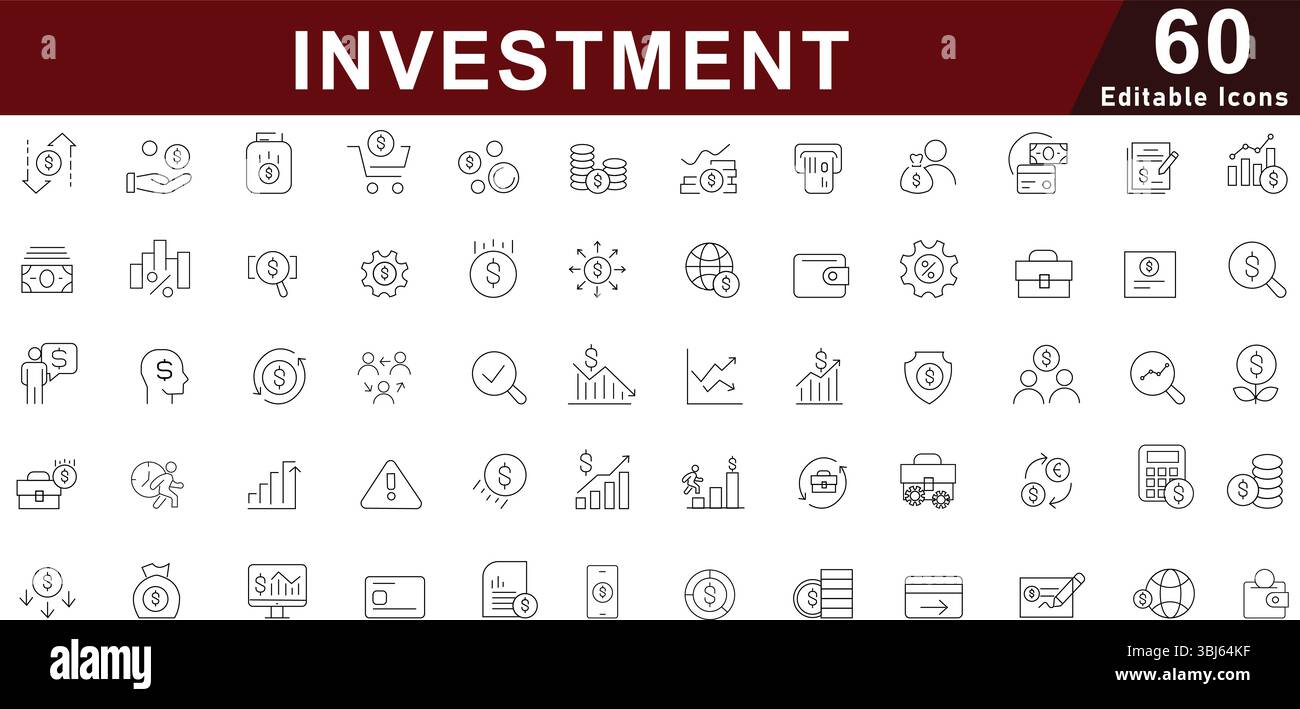 Set icone linea di investimento e finanza - simboli di crescita, denaro, banche e mercato azionario Illustrazione Vettoriale