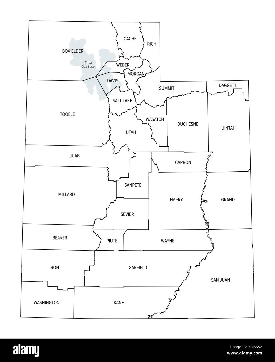 Stato dello Utah, suddiviso in 29 contee, delinea la mappa con i nomi delle contee e i confini. Stato nella montagna ad ovest degli Stati Uniti. Foto Stock