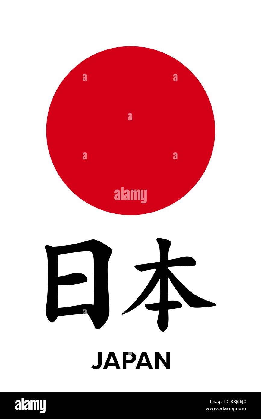 Giappone, Terra del Sol Levante. Cerchio rosso su campo bianco, motivo della bandiera nazionale e parole Nippon e Nihon, nomi giapponesi per il Giappone, scritte in Kanji. Foto Stock
