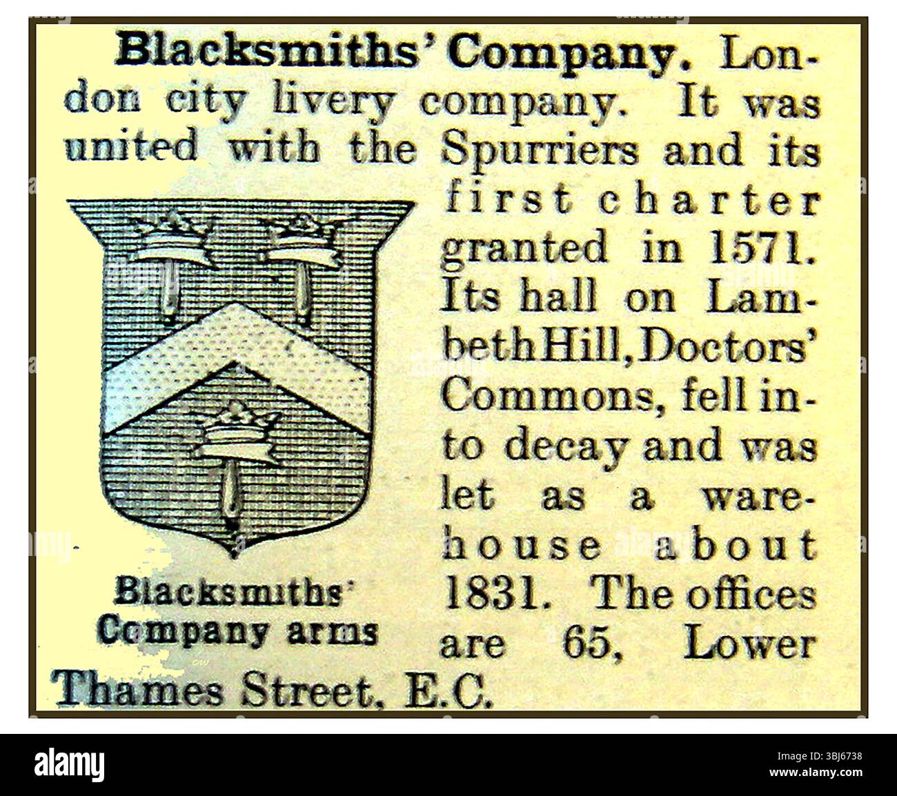 Una vecchia illustrazione della Company Arms dei Blacksmiths con spiegazione della storia dell'azienda Foto Stock