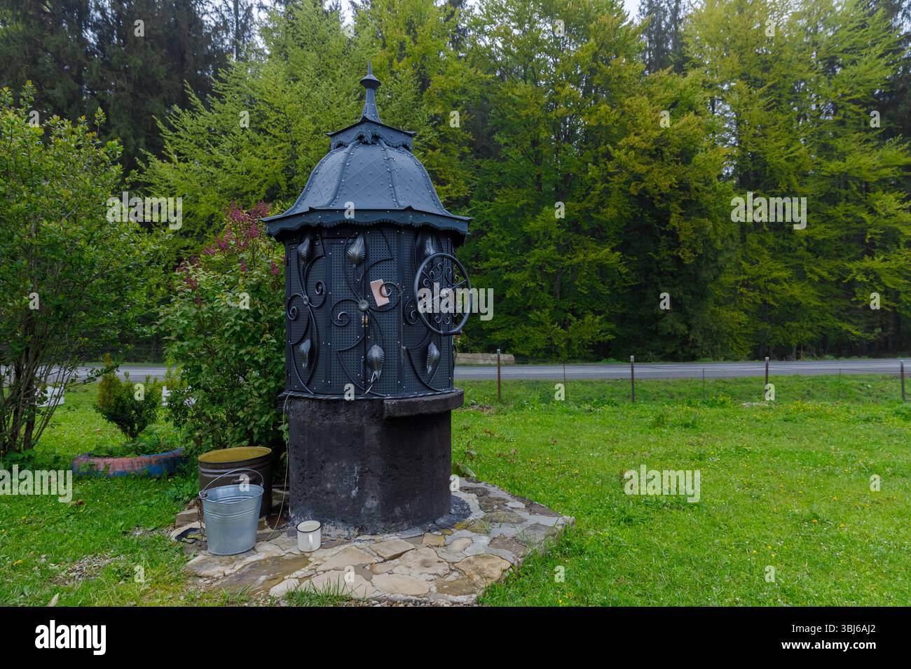 Questa immagine mostra un'incantevole acqua d'epoca ben adornata con ornati lavori in metallo, adagiata su un vibrante sfondo di verde e natura serena, inviti Foto Stock