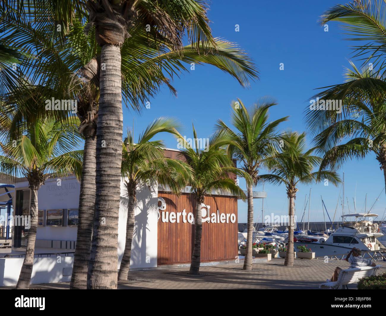 Puerto Calero, un porto turistico e resort di lusso con palme verdeggianti nel sud di Lanzarote, Isole Canarie, Spagna Foto Stock