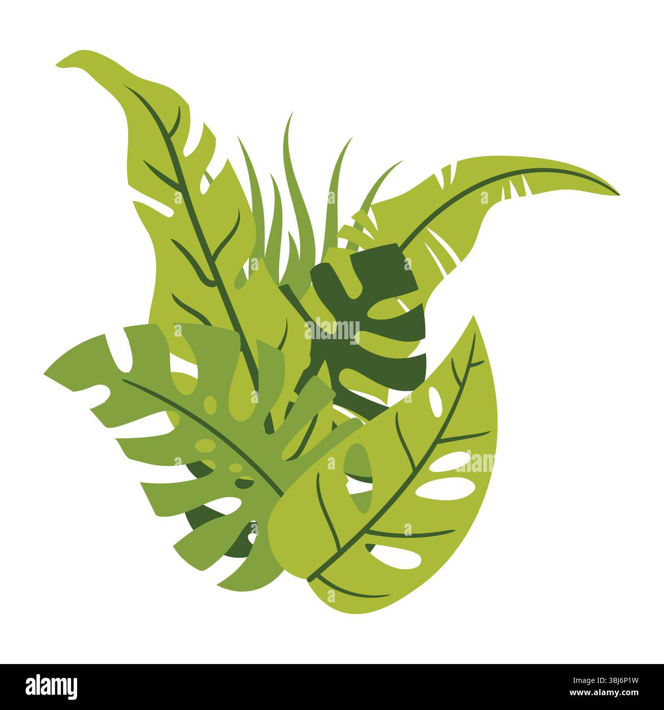 Set di foglie tropicali di composizione naturale isolata su bianco, in stile cartoni animati piatto. Elementi botanici luminosi ed esotici perfetti per il design estivo, Illustrazione Vettoriale