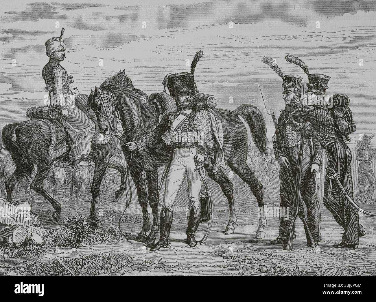 Storia della Francia. Era napoleonica. Guardia imperiale: Mameluke, Chasseur a Cheval e Marines della Guardia. Disegno di Philippoteaux. Incisione di Dupré. Histoire du Consulat et de l'Empire (storia del Consolato e dell'Impero di Francia sotto Napoleone), di A. Thiers. Volume IV. Pubblicato a Barcellona, 1879. Foto Stock