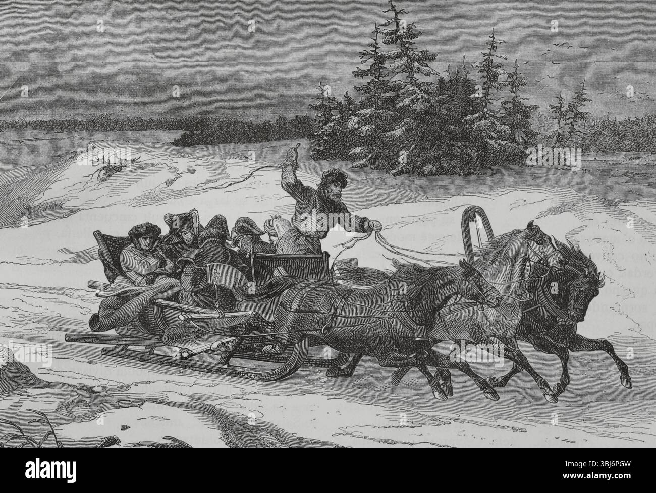 Nel dicembre del 1812 Napoleone Bonaparte tornò di fretta a Parigi, abbandonando il suo esercito in Polonia durante la ritirata dalla Russia. Una cospirazione contro di lui, guidata dal generale Malet, che diffuse la notizia che Napoleone era morto in Russia, fu la ragione che lo portò a prendere questa decisione. Fu accompagnato nel suo viaggio dal generale e diplomatico francese Armand Augustin Louis de Caulaincourt (1773-1827). Il rapido viaggio di Napoleone attraverso le pianure della Polonia. Disegno di Philippoteaux. Incisione di Sargent. Histoire du Consulat et de l'Empire (storia del Consolato e dell'Impero di Francia sotto Napoleone) Foto Stock