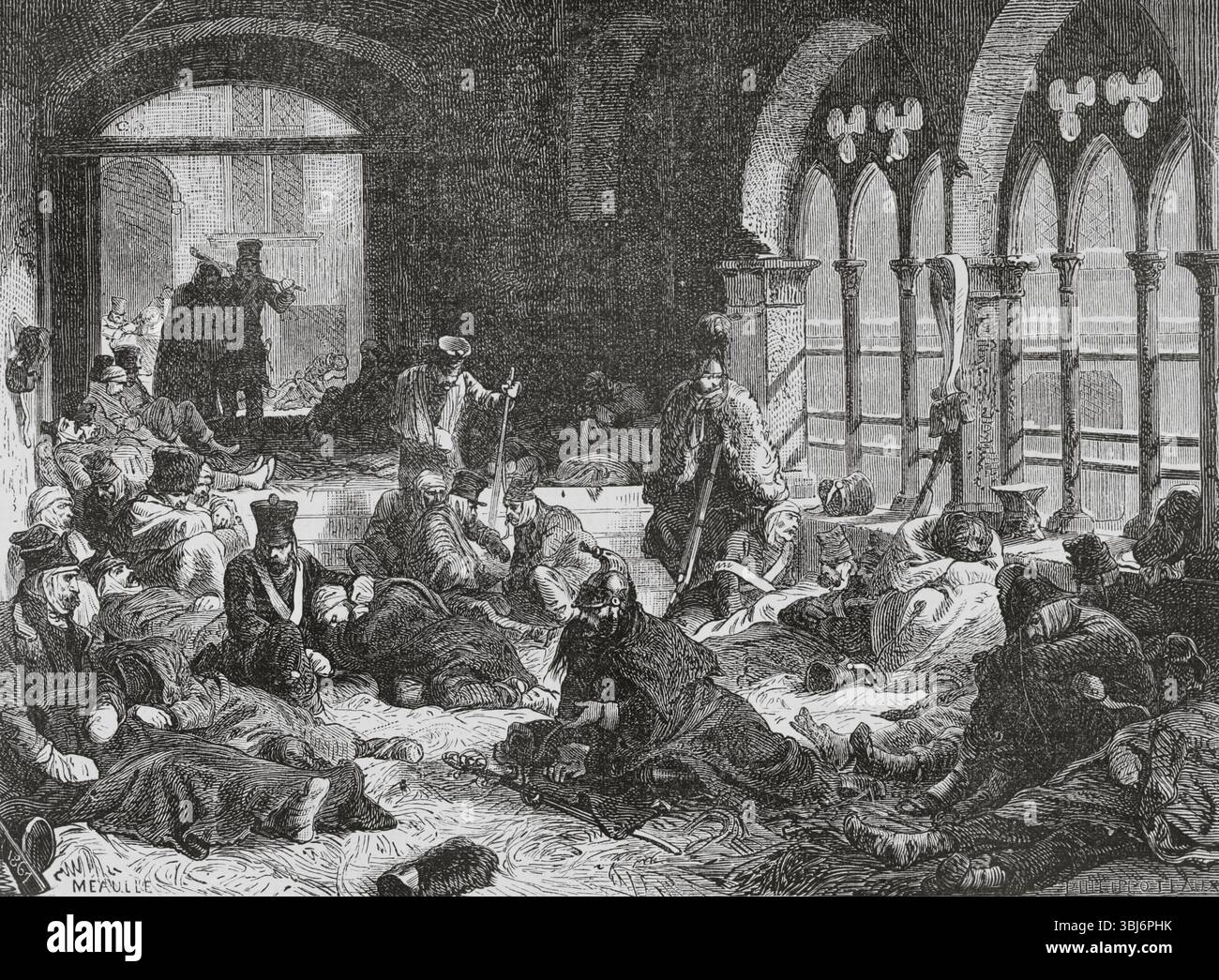 Ritiro della grande Armée dalla Russia, 1812. Murat ordinò a Ney e Gérard di combattere per i Niemen, ma furono costretti a rifugiarsi a Königsberg. Un esercito impoverito da un gran numero di vittime, feriti, malati e con poche armi. Il resto della grande Armée a Königsberg. Disegno di Philippoteaux. Incisione di Méaulle. Histoire du Consulat et de l'Empire (storia del Consolato e dell'Impero di Francia sotto Napoleone), di A. Thiers. Volume IV. Pubblicato a Barcellona, 1879. Foto Stock