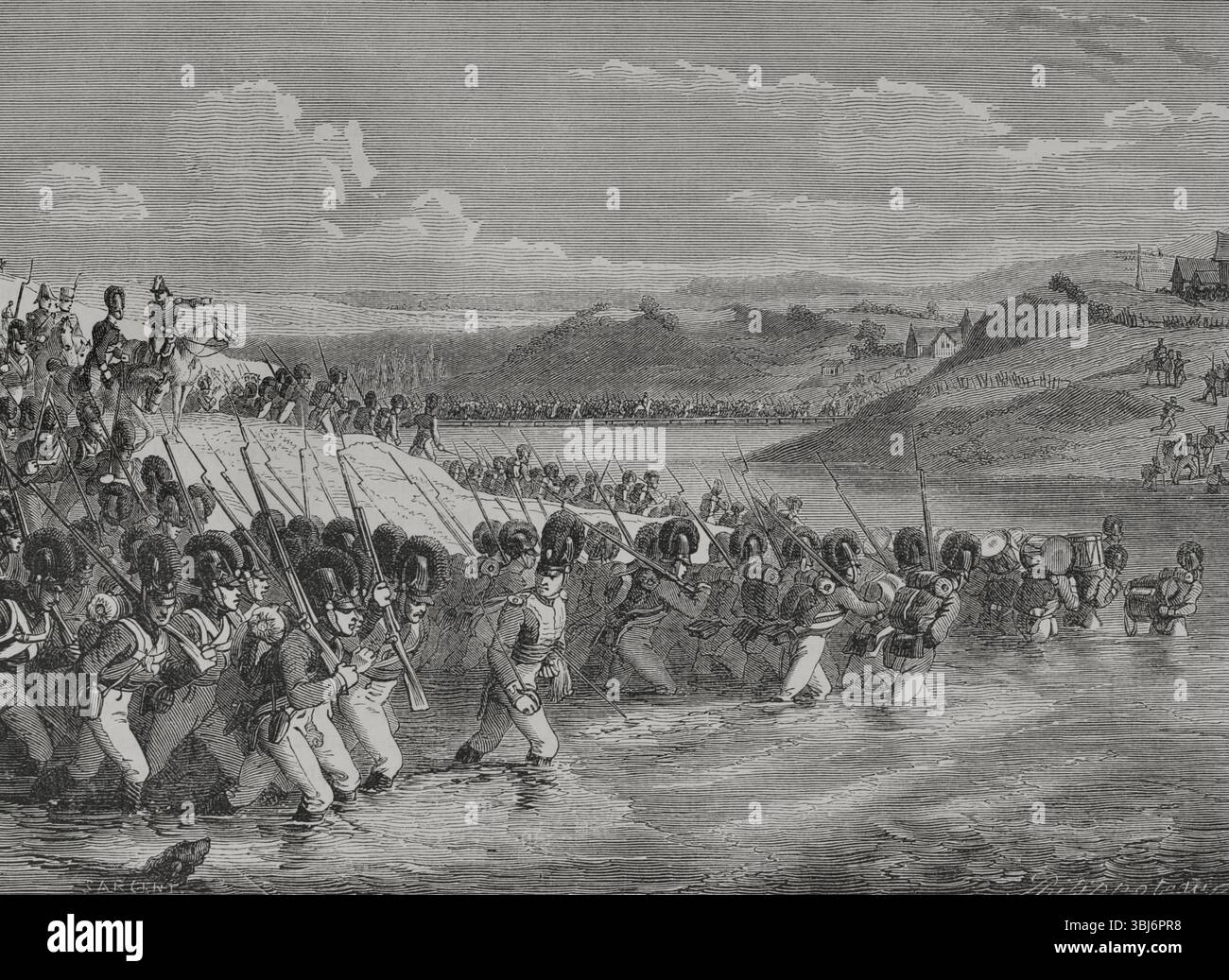 Battaglia di Bautzen (20-21 maggio 1813). Un esercito russo-prussiano combinato fu respinto dalla vittoria francese di Napoleone I. Giorno del 20 maggio; passaggio della Sprea attraverso la divisione bavarese. Disegno di Philippoteaux. Incisione di Sargent. Histoire du Consulat et de l'Empire (storia del Consolato e dell'Impero di Francia sotto Napoleone), di A. Thiers. Volume IV. Pubblicato a Barcellona, 1879. Foto Stock