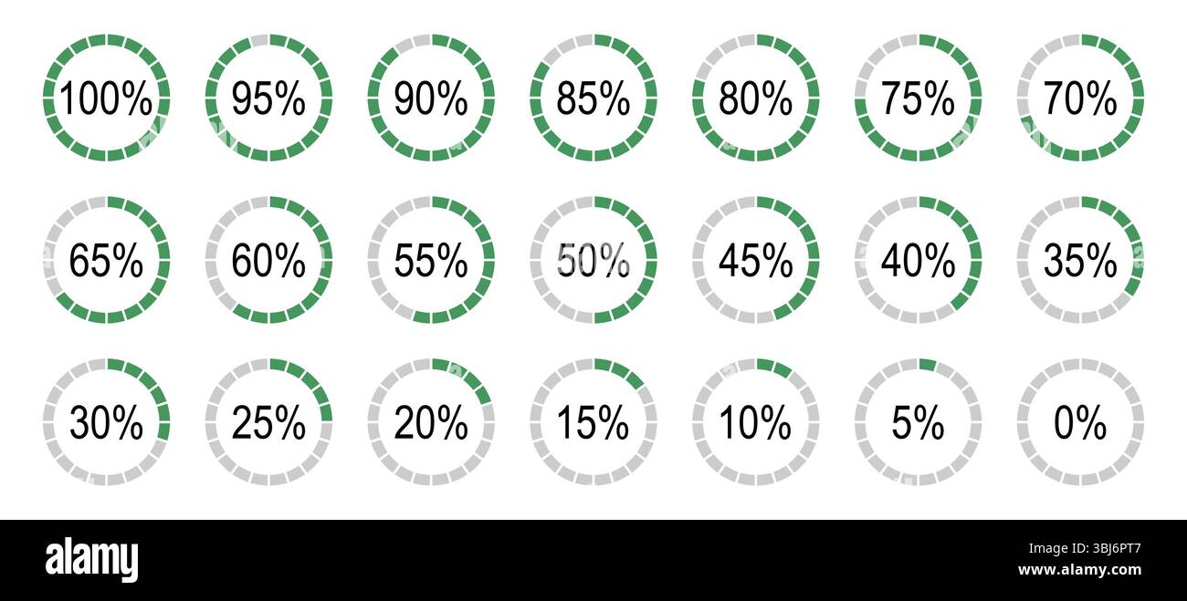 Elementi piatti infografici percentuali. Icone dei diagrammi rotondi per infografiche da 0 a 100%. Grafico a cerchio caricamento modelli di avanzamento. Verde Illustrazione Vettoriale