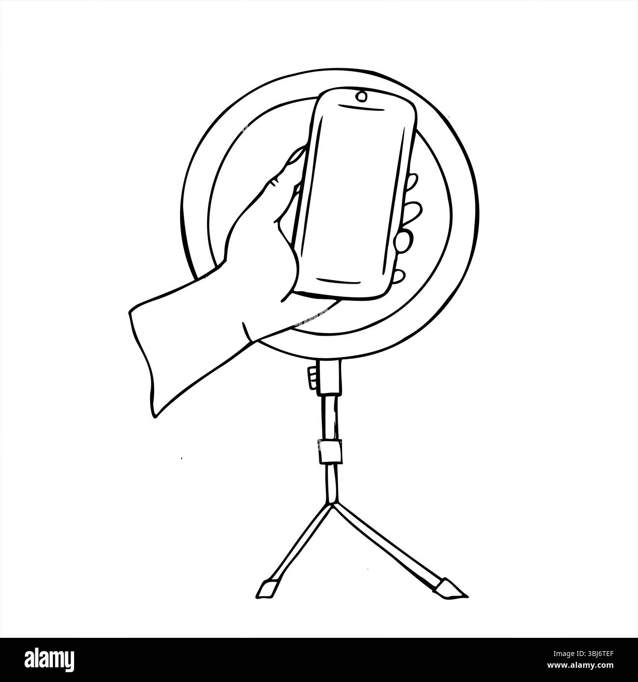 Mano che tiene lo smartphone davanti all'illustrazione vettoriale del illuminatore anulare dipinta con inchiostri neri. Bozza grafica per riprese home video per i contenuti dei social media Illustrazione Vettoriale