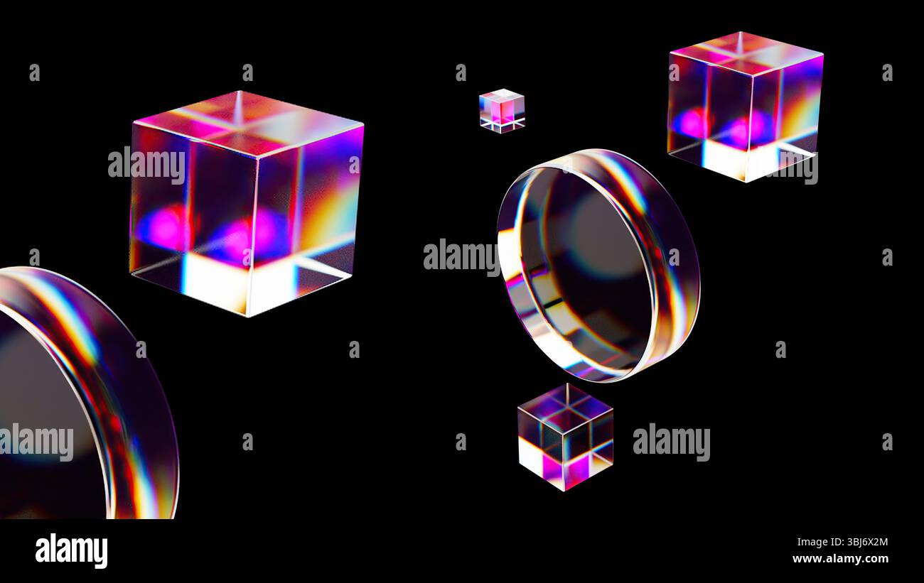 Cerchio di dispersione e cubi lucidi. Rendering 3d generato dal computer Foto Stock