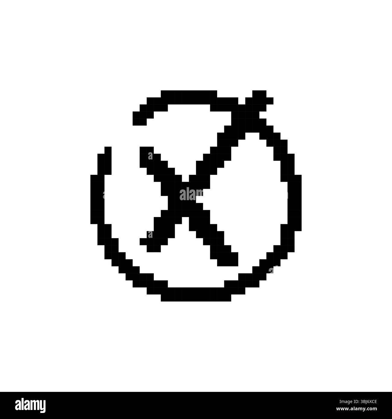 Simbolo pixel mosaico del cerchio nero con segno di linea diagonale all'interno Illustrazione Vettoriale