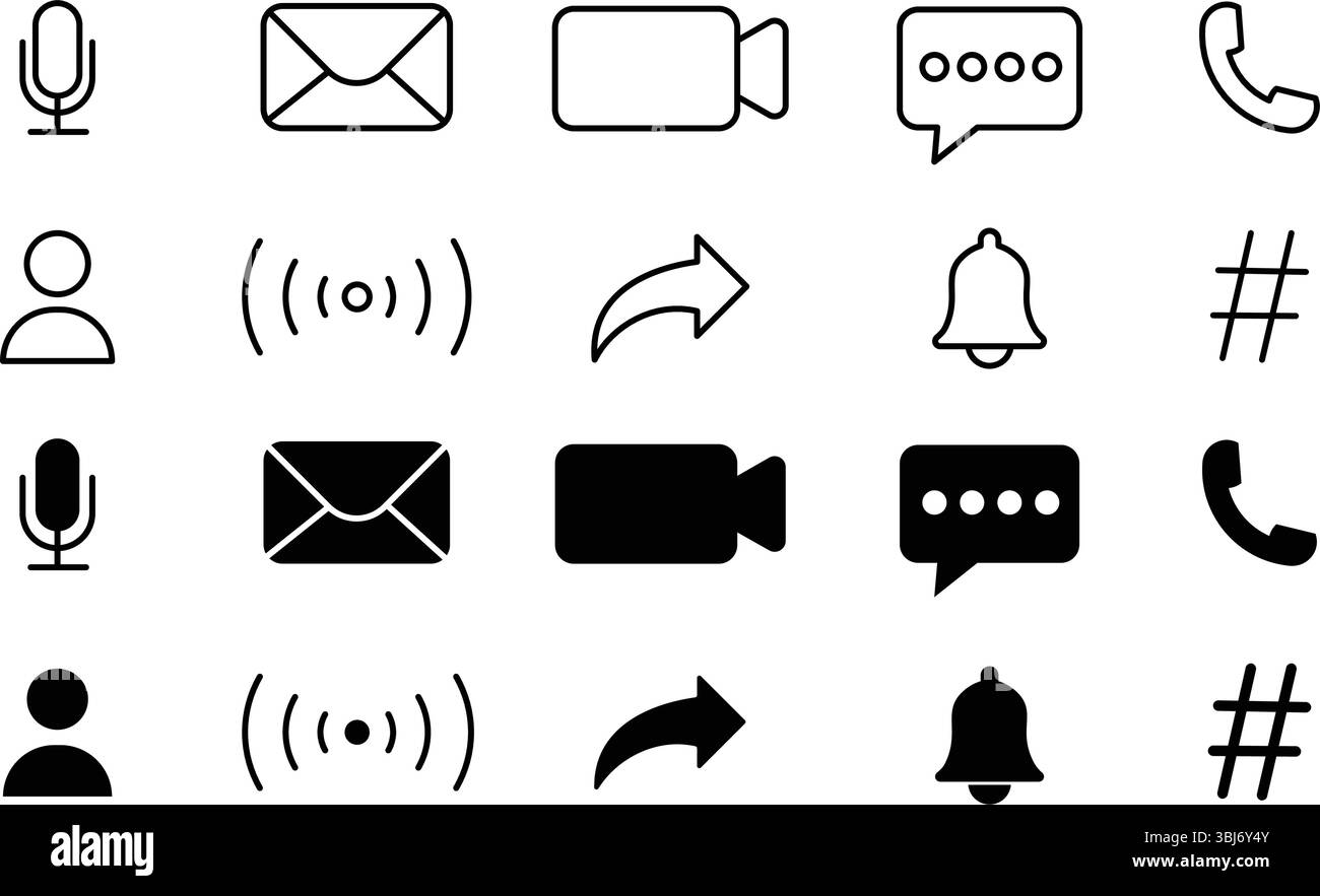 Set di icone dei social media: Icone di comunicazione di linea minima e stile solido per la progettazione UI/UX. Icone di comunicazione minima e interfaccia utente – linea e S Illustrazione Vettoriale