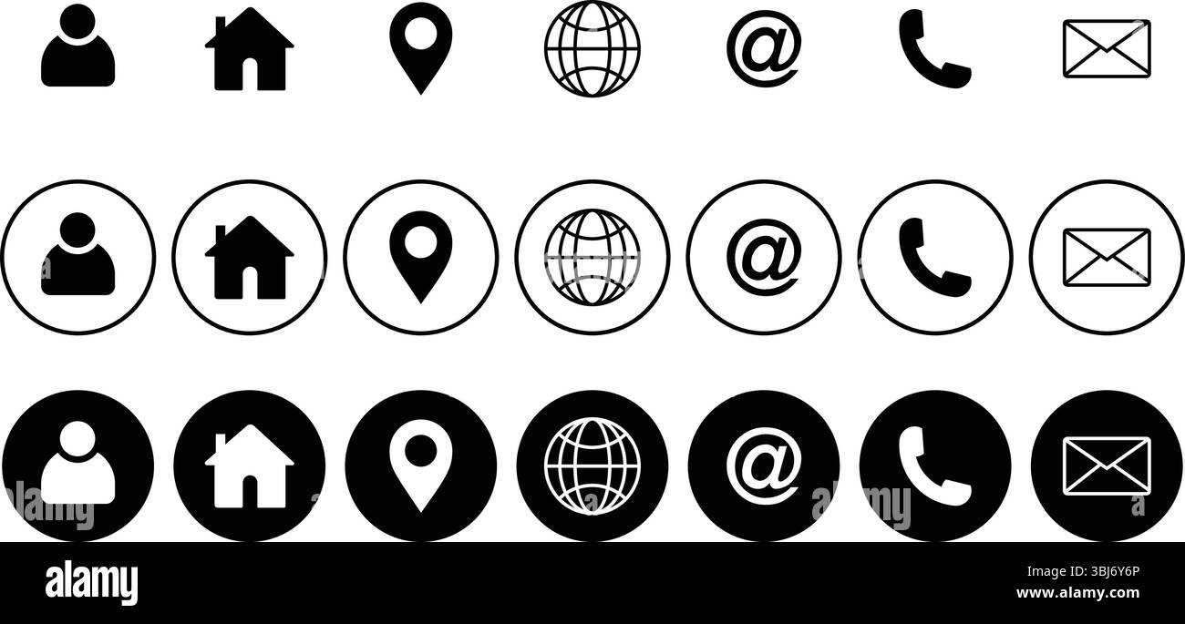 Set di icone Web. Telefono, e-mail, posizione, Casa, Set di icone utente. Web Kontakt Symbole. Set di icone del sito Web e del telefono. Illustrazione Vettoriale