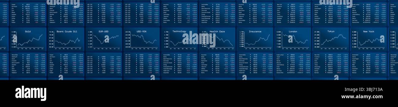 Ampio schermo con grafici, dati di mercato e borsa valori. Schermo ampio con grafici, dati di mercato e borsa valori, materie prime, tassi di cambio valuta. Analisi, rischio, investimento. Illustrazione 3D img stock market105s07 stock market data Foto Stock