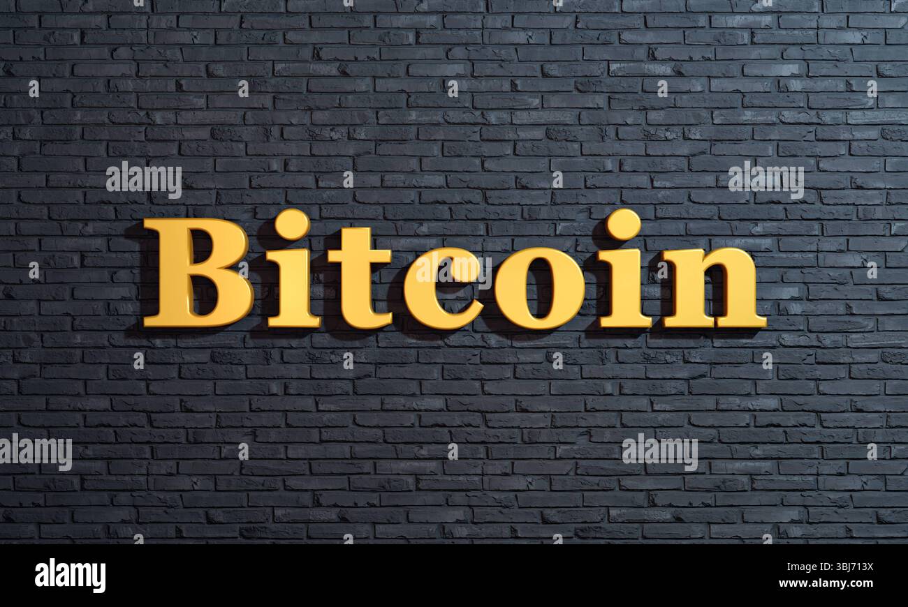 Bitcoin, criptovaluta, lettere d'oro contro un muro. Bitcoin, criptovaluta, lettere d'oro contro un muro. Blockchain, big data, valuta digitale, investimenti. Illustrazione 3D cryptocurrency cy023s01 bitcoin Foto Stock