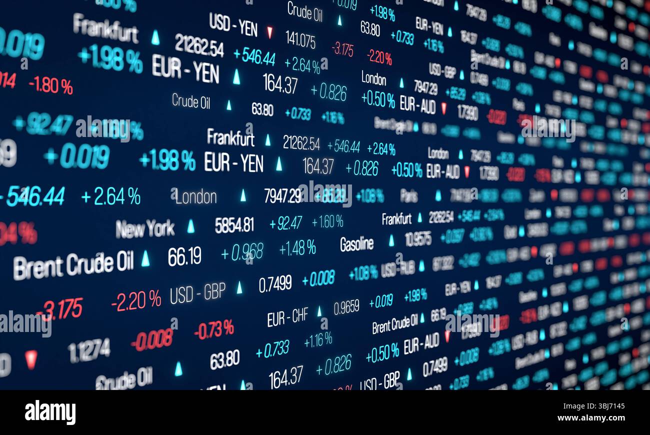 Piano di negoziazione del mercato azionario, dati sugli indici azionari, tassi di cambio e prezzi delle materie prime. Piano di negoziazione del mercato azionario, dati sugli indici azionari, tassi di cambio e prezzi delle materie prime. Ticker board, business, informazioni di trading, variazione dei prezzi, dati di mercato. Illustrazione 3D img stock market107s01 abstract ticker board Foto Stock