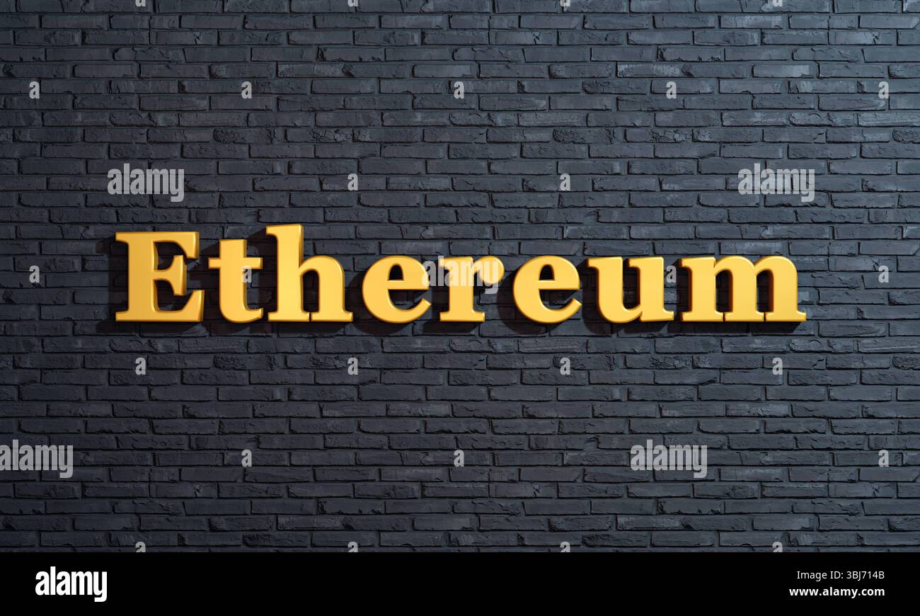 Ethereum, cripto-valuta, lettere d'oro contro un muro di mattoni. Ethereum, cripto-valuta, lettere d'oro contro un muro di mattoni. Blockchain, big data, valuta digitale, investimenti. Illustrazione 3D cryptocurrencies 023s02 ethereum Foto Stock
