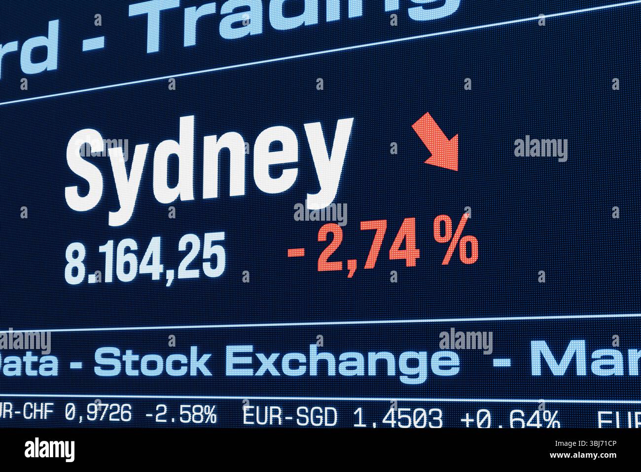 L'indice azionario di Sydney si sta abbassando. L'indice azionario di Sydney si sta abbassando. Calo dei prezzi azionari australiani, mercato al rialzo, riduzione, investimenti, attività, crash, perdita, crisi, dati del mercato azionario. Illustrazione 3D stock market169s market data sydney down Foto Stock