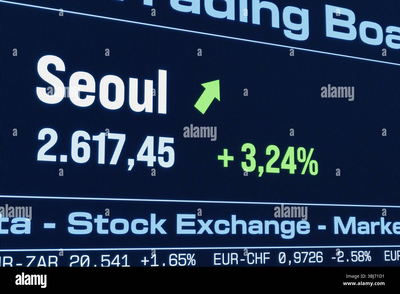 L'indice azionario di Seoul sale. L'indice azionario di Seoul sale. Aumento dei prezzi delle azioni sudcoreane, mercato dei tori, crescita, investimenti, affari, profitto, dati del mercato azionario. Illustrazione 3D stock market169s market data seoul UP Foto Stock