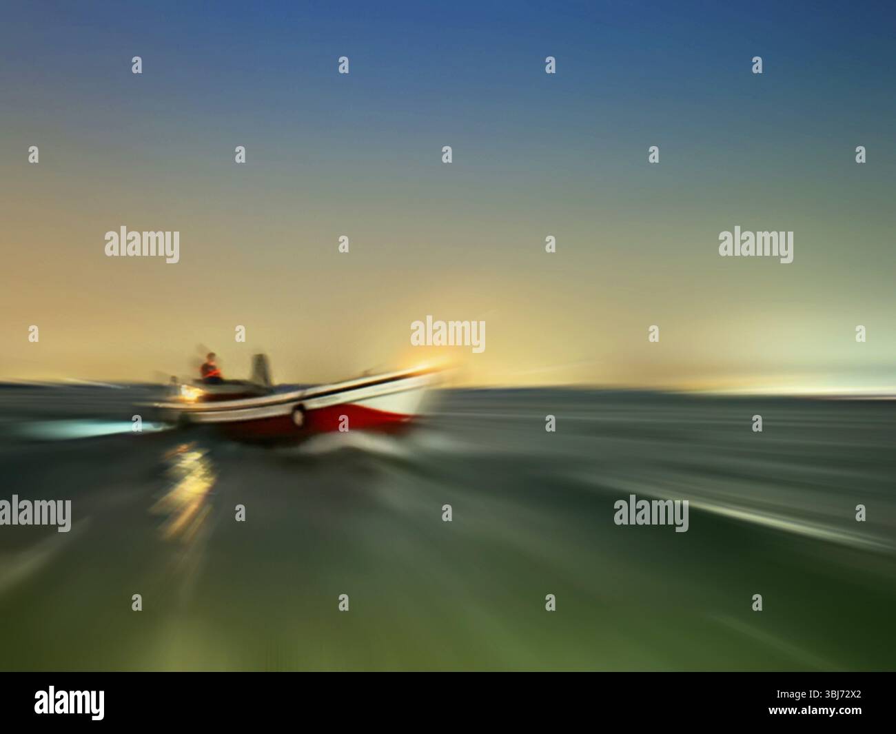 Barca sulla laguna al largo di Venezia, effetto zoom, città laguna Venezia, Veneto, Italia, Europa Foto Stock