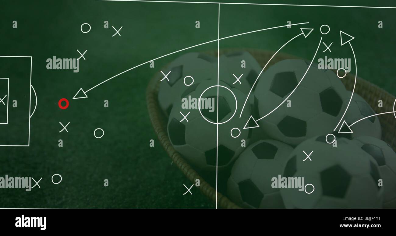 Mostra il cestino di vimini che tiene le palle da calcio sul campo, con il diagramma delle tattiche di campo, copia dello spazio Foto Stock