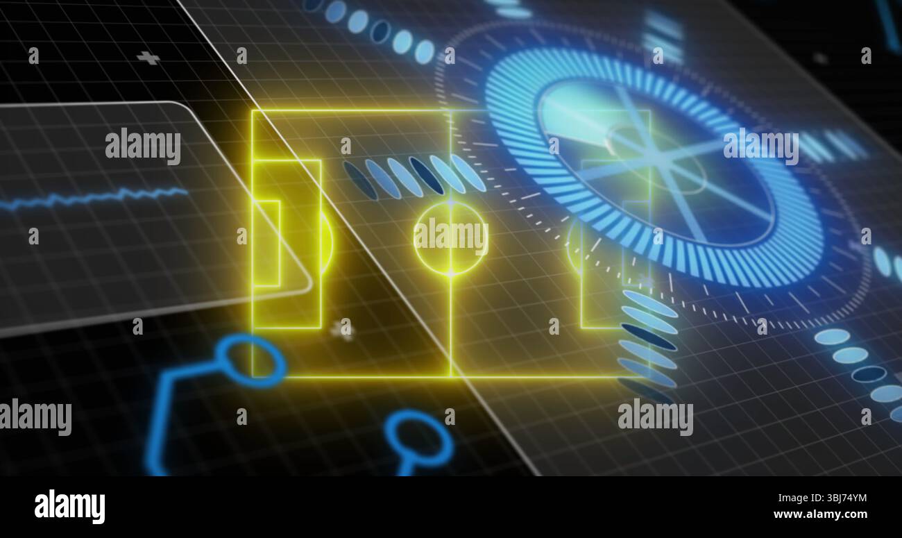 Visualizzazione dello schema giallo luminoso del campo da calcio sul cruscotto a griglia virtuale, con HUD circolare blu Foto Stock