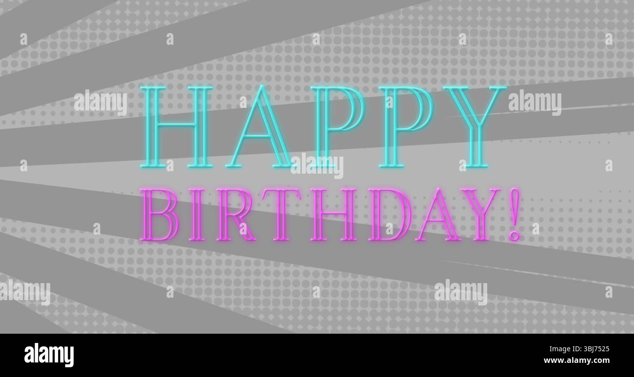 Mostra IL neon turchese FELICE e IL COMPLEANNO magenta! lettere su sfondo a punti grigi con fasci Foto Stock