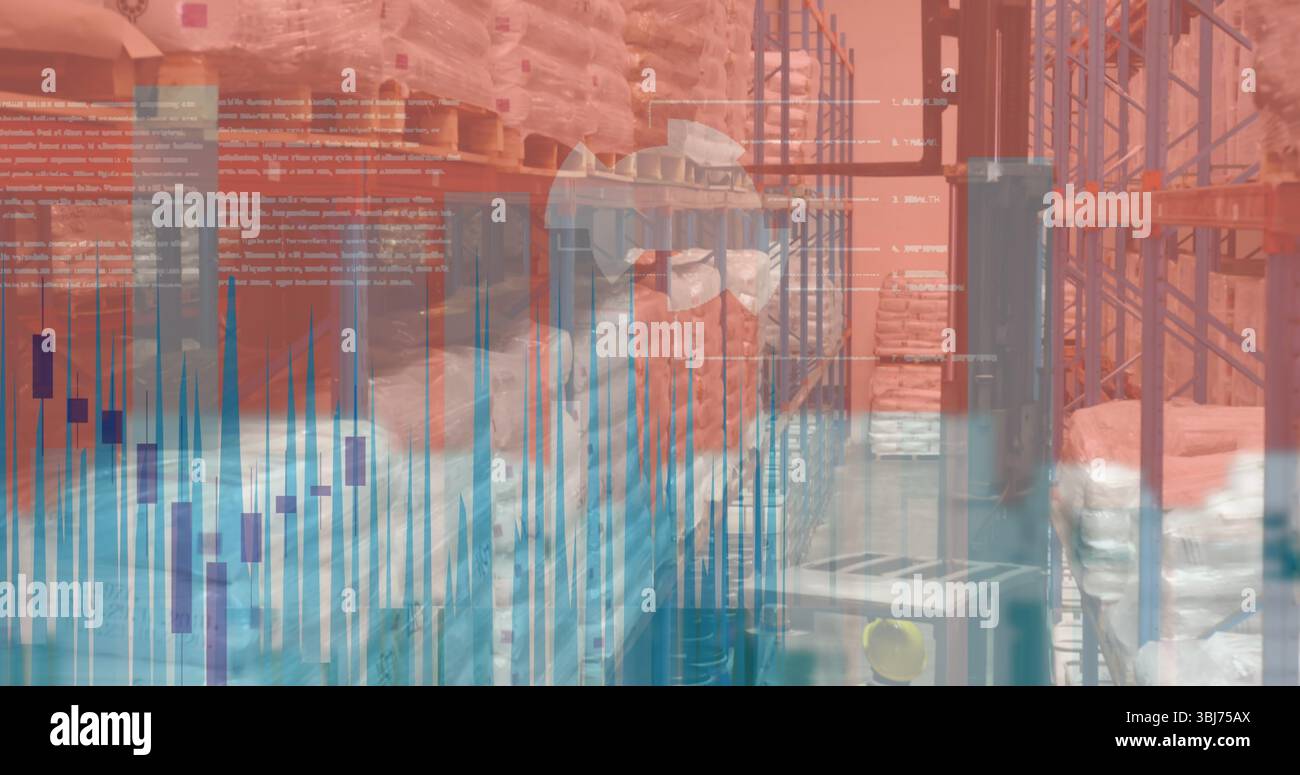 Unione della silhouette digitale della testa indossando occhiali e grafici in scaffali da magazzino carichi di sacchi Foto Stock