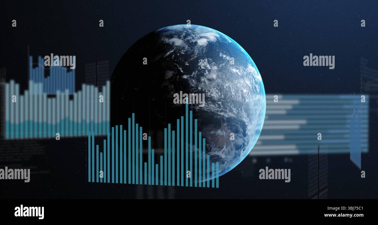 Globo terrestre 3D fluttuante che mostra l'ombreggiatura giorno-notte contro il campo stellare, con sovrapposizioni cartografiche a barre Foto Stock