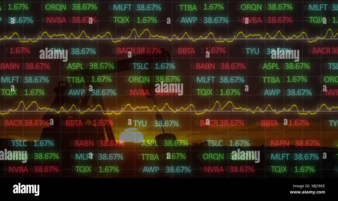 Visualizzazione delle percentuali di tracciamento della griglia del ticker al bordo dell'acqua al tramonto con cresta e linea di tendenza gialla Foto Stock