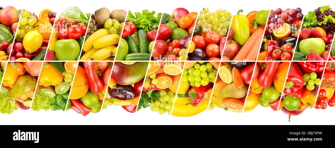 Ampia composizione di frutta, verdura e bacche divisa da linee oblique isolate su sfondo bianco. Foto Stock
