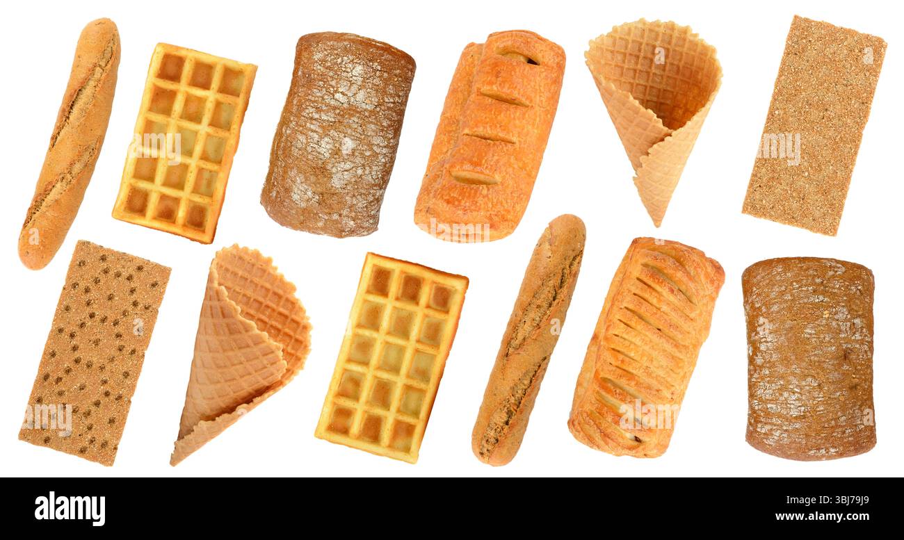 Raccogliere i prodotti del pane appena sfornati isolati su sfondo bianco. Foto Stock