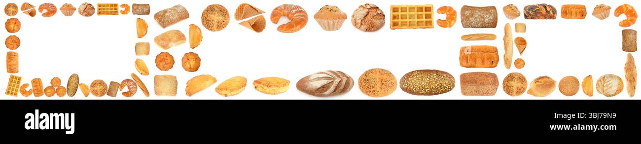 Set di cornici di prodotti da forno isolati su sfondo bianco. Foto Stock